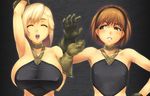  armpits bare_shoulders blonde_hair breast_envy breasts brown_eyes brown_hair final_fantasy final_fantasy_xiv flat_chest gloves halter_top halterneck huge_breasts hyur long_hair multiple_girls open_mouth short_hair sideboob smile yn_red 