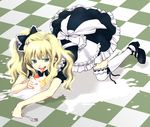  all_fours bad_id bad_pixiv_id blonde_hair blue_eyes cake curly_hair eating food fork hands maid original solo thighhighs tongue watomura 