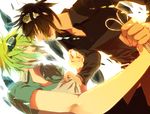  black_hair blue_eyes dual_persona genderswap genderswap_(ftm) goggles goggles_on_head green_hair gumiya highres mosaic_roll_(vocaloid) multiple_boys open_mouth orange_eyes scissors shirt_grab sooichi vocaloid 