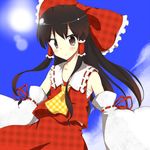  any_(lucky_denver_mint) bad_id bad_pixiv_id black_hair blush brown_eyes cloud day hakurei_reimu lens_flare long_hair plaid sky solo sun touhou 