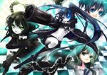  absurdres arm_cannon bad_id bad_pixiv_id black_hair black_rock_shooter black_rock_shooter_(character) blue_eyes boots burning_eye dead_master green_eyes highres horns kosuzume kuroi_mato long_hair midriff multiple_girls navel pale_skin short_hair shorts smile takanashi_yomi twintails very_long_hair weapon 