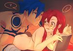  1boy 1girl ? ass bandages bikini_top blue_hair blush book breasts butt_crack cleavage couple glasses hetero kamina long_hair medium_breasts red_eyes red_hair sako shirtless tattoo tengen_toppa_gurren_lagann yellow_eyes yoko_littner 