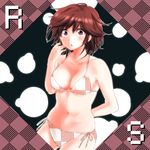  amagami arm_behind_back bikini blush brown_hair midriff navel open_mouth purple_eyes sakayama_shinta sakurai_rihoko side-tie_bikini solo string_bikini swimsuit 