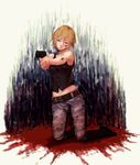  aya_brea bad_id bad_pixiv_id bare_shoulders belt blonde_hair blue_eyes boots denim gun handgun jeans navel pants parasite_eve parasite_eve_the_3rd_birthday pistol short_hair solo tank_top torn_clothes weapon xino 