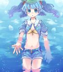  afloat beckoning bikini bikini_top bikini_under_clothes blue_eyes blue_hair chachi_(azuzu) denim denim_shorts hair_bobbles hair_ornament hat kawashiro_nitori key midriff open_clothes short_hair shorts sleeves_rolled_up solo swimming swimsuit swimsuit_under_clothes touhou twintails two_side_up water 