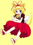  animal_ears blonde_hair blue_eyes bubble_skirt cat_ears cat_tail fang han_(jackpot) highres kemonomimi_mode medicine_melancholy open_mouth ribbon short_hair skirt solo su-san tail touhou yellow_background 