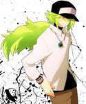  bad_id bad_pixiv_id banned_artist baseball_cap green_eyes green_hair hat highres jewelry long_hair male_focus n_(pokemon) necklace oda pokemon pokemon_(game) pokemon_bw solo 