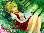  apt bare_legs barefoot breasts checkered checkered_skirt cleavage convenient_leg dutch_angle face flood flower forest grass green_hair kazami_yuuka lips long_sleeves lying medium_breasts nature no_bra on_back open_clothes open_shirt rain river shirt skirt skirt_set solo stream touhou tree vest water wet wet_clothes yellow_eyes 