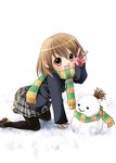  all_fours aruki brown_eyes brown_hair gloves hirasawa_yui k-on! pantyhose plaid plaid_skirt scarf school_uniform short_hair skirt snowman solo striped striped_scarf v 