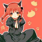  animal_ears blush_stickers braid cat_ears dress kaenbyou_rin natsu_(norari_kurari) paw_print red_eyes red_hair solo tail touhou twintails 