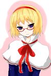  alice_margatroid bespectacled blonde_hair blue_eyes blush capelet glasses hairband han_(jackpot) highres ribbon short_hair solo touhou white_capelet 