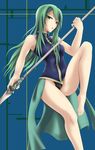  alternate_costume bad_id bad_pixiv_id barefoot fire_emblem fire_emblem:_akatsuki_no_megami fire_emblem:_souen_no_kiseki green_eyes green_hair long_hair nephenee open_mouth polearm shinon_(tokage_shuryou) solo spear weapon 