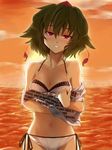  bad_id bad_pixiv_id bikini black_hair breasts brown_hair cleavage halter_top halterneck hat looking_at_viewer medium_breasts mizukiri navel ocean red_eyes seductive_smile shameimaru_aya short_hair side-tie_bikini smile solo sunset swimsuit tokin_hat touhou 