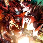  amamorient arm_cannon battle bow brown_hair duel eyes hair_bow hat long_hair multiple_girls red_eyes reiuji_utsuho shameimaru_aya short_hair tokin_hat touhou weapon 