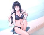  bikini black_hair breasts cleavage closed_eyes dancho_(danch) large_breasts long_hair lowres open_clothes open_shirt original shirt solo swimsuit 