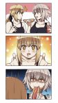  3koma artoria_pendragon_(all) bare_shoulders black_tank_top blonde_hair blush comic cup drinking_straw drooling eating eyebrows_visible_through_hair fate/grand_order fate_(series) hair_between_eyes hair_ribbon highres hot_dog jeanne_d&#039;arc_(alter)_(fate) jeanne_d&#039;arc_(fate)_(all) low_ponytail maroonabyss open_mouth ribbon short_hair signature simple_background white_hair yellow_eyes 