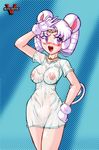  1girl animal_ears bishoujo_senshi_sailor_moon bishoujo_senshi_sailor_moon_sailor_stars blush breasts earmuffs female gloves hand_on_hip iron_mouse mouse_ears mouse_tail purple_eyes pussy sailor_iron_mouse sailor_moon see-through shirt smile solo tail twintails uncensored vcampan wet wet_clothes wet_shirt white_hair 