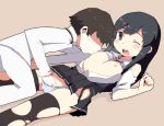  1boy 1girl asashio_(kantai_collection) black_hair black_skirt blush blush_stickers breasts dokan_(dkn) fingering hand_in_panties kantai_collection long_hair lying nipples on_back one_eye_closed open_mouth panties sidelocks skirt small_breasts thighhighs torn_clothes underwear white_panties 