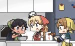  3girls alternate_hairstyle black_hair blonde_hair blush braid brown_eyes brown_hair closed_mouth commentary_request cooking crab eyebrows_visible_through_hair french_braid hair_between_eyes hamu_koutarou highres i-400_(kantai_collection) kantai_collection kitchen long_hair looking_at_viewer multiple_girls oboro_(kantai_collection) open_mouth oven purple_eyes refrigerator school_uniform serafuku shirt short_hair short_sleeves wavy_hair white_shirt zara_(kantai_collection) 