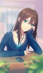  brow brown_hair cellphone fateline_alpha green_eyes highres idolmaster idolmaster_cinderella_girls long_hair looking_at_viewer phone shibuya_rin smartphone smile solo 