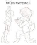  ambiguous_gender anthro canine clothed clothing denzelart duo english_text kneeling lagomorph male mammal monochrome proposing rabbit smile standing text 