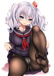  alternate_costume ass_visible_through_thighs black_legwear blue_eyes breasts collarbone crotch_seam eyebrows_visible_through_hair feet kantai_collection kase_daiki kashima_(kantai_collection) large_breasts looking_at_viewer neckerchief no_shoes open_mouth panties panties_under_pantyhose pantyhose purple_shirt purple_skirt red_neckwear school_uniform serafuku shadow shirt silver_hair simple_background skirt skirt_lift smile soles solo thighband_pantyhose toes twintails underwear white_background 