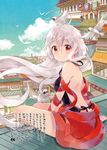  absurdres bare_back bird building chiya_(urara_meirochou) hair_between_eyes harikamo highres long_hair official_art on_roof red_eyes silver_hair smile translation_request urara_meirochou white_hair 