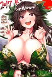  2017 ahoge akeome alternate_costume bare_shoulders black_hair blush bow breasts cleavage commentary_request floral_print green_bow hair_bow happy_new_year highres huge_breasts japanese_clothes kimono long_hair looking_at_viewer navel new_year off_shoulder open_mouth red_eyes reiuji_utsuho sidelocks simple_background slit_pupils smile solo teeth touhou translation_request upper_body v zan_(harukahime) 