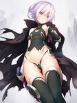  ass_visible_through_thighs bandaged_arm bandages bangs bare_shoulders black_gloves black_legwear black_panties blue_eyes breasts cape dagger dobunezumi fate/apocrypha fate_(series) fingerless_gloves gloves highleg highleg_panties highres jack_the_ripper_(fate/apocrypha) looking_at_viewer navel panties partially_visible_vulva scar short_hair silver_hair single_glove small_breasts solo underwear weapon 
