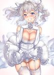  ass_visible_through_thighs bare_shoulders blue_eyes blush breasts bridal_veil cleavage crown detached_collar diadem dress elbow_gloves frilled_dress frills garter_straps gloves grin hair_ribbon hands_together highres jewelry kantai_collection kashima_(kantai_collection) large_breasts long_hair necklace open_mouth panties ribbon ring sidelocks silver_hair simple_background skindentation smile solo thighhighs twintails underwear untsue veil wavy_hair wedding_band wedding_dress white_background white_dress white_gloves white_legwear white_panties 