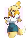  2017 animal_crossing animated anthro blouse blush bra breasts canine cleavage clothed clothing digital_media_(artwork) female fur hair isabelle_(animal_crossing) looking_at_viewer mammal nintendo notepad open_mouth panties pen secretly_saucy simple_background skirt solo standing sweat underwear undressing video_games 