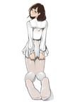 absurdres arms_behind_back bangs brown_eyes brown_hair commentary_request covering covering_ass feet from_behind full_body highres kneeling legs looking_at_viewer looking_back original pantyhose parted_lips pleated_skirt school_uniform serafuku simple_background skirt soles solo thighs white_background white_legwear white_skirt yomu_(sgt_epper) 