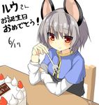  animal_ears bangs blush cake capelet chair closed_mouth commentary_request dated eyebrows_visible_through_hair food fork fruit greatmosu grey_hair hair_between_eyes hand_on_own_arm hand_up happy_birthday highres holding holding_fork long_sleeves mouse_ears nazrin red_eyes short_hair signature simple_background smile solo strawberry table touhou translation_request upper_body white_background 