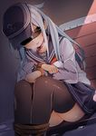  anchor_print bangs bdsm black_legwear blindfold blue_skirt bondage bound bound_legs bound_wrists breath byte_(allbyte) commentary_request flat_cap gym_storeroom hair_between_eyes hat heavy_breathing hibiki_(kantai_collection) highres indoors kantai_collection knees_up long_hair neckerchief parted_lips pleated_skirt red_neckwear school_uniform serafuku shade silver_hair sitting skirt solo sweat thighhighs thighs 