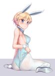  adapted_costume adjusting_clothes animal_ears armband ass bare_shoulders blonde_hair blue_eyes blush brave_witches breasts bunny_ears bunnysuit closed_mouth collar covered_nipples from_behind full_body high_heels highres konnyaku_(kk-monmon) large_breasts looking_at_viewer looking_back nikka_edvardine_katajainen pantyhose shiny shiny_hair short_hair sideboob simple_background sitting solo wariza white_background white_legwear world_witches_series 