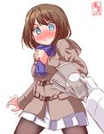  1girl admiral_(kantai_collection) alternate_costume black_legwear blue_eyes blush brown_hair casual coat commentary_request dated full-face_blush gloves hair_ornament highres holding kanon_(kurogane_knights) kantai_collection long_sleeves maya_(kantai_collection) money out_of_frame pantyhose pleated_skirt pov pov_hands scarf short_hair simple_background sketch skirt surprised sweat trembling white_background white_gloves white_skirt winter_clothes winter_coat x_hair_ornament 