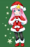  black_legwear blue_eyes blush capelet chibi elbow_gloves full_body fur_trim gloves gundam gundam_seed gundam_seed_destiny hair_ornament hat long_hair looking_at_viewer meer_campbell pantyhose pink_hair red_gloves santa_hat smile solo star star_hair_ornament tooru_jin 