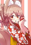  :o animal_ears brown_hair cup floral_print fox_ears fox_tail japanese_clothes kimono long_hair noa_(nagareboshi) original ponytail red_eyes sakazuki solo tail 