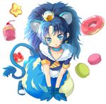  animal_ears blue blue_choker blue_footwear blue_gloves blue_hair blue_shirt blue_skirt choker cookie crown cupcake cure_gelato doughnut earrings extra_ears food fruit gloves highres jewelry kirakira_precure_a_la_mode koga_(masaka_panda) lion_ears lion_tail long_hair macaron magical_girl mini_crown precure shirt shoes skirt solo strawberry tail tategami_aoi white_background 