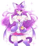  animal_ears bow bubble_skirt cat_ears cat_tail chemaru_(a8l) choker cowboy_shot cure_macaron earrings elbow_gloves extra_ears food_themed_hair_ornament gloves hair_ornament highres jewelry kirakira_precure_a_la_mode kotozume_yukari layered_skirt long_hair looking_at_viewer macaron_hair_ornament magical_girl one_eye_closed precure purple purple_bow purple_choker purple_eyes purple_hair purple_legwear purple_skirt ribbon_choker skirt smile solo tail thighhighs white_background white_gloves zettai_ryouiki 