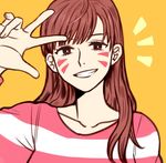  1girl :d bad_id bad_twitter_id bosong_beoseot brown_eyes brown_hair casual d.va_(overwatch) facepaint facial_mark grin hand_up long_hair long_sleeves looking_at_viewer open_mouth overwatch shirt smile solo striped striped_shirt teeth w whisker_markings white_background yellow_background 