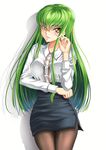  absurdres bangs black_legwear black_skirt breasts buttons c.c. code_geass cowboy_shot eyebrows_visible_through_hair green_hair hair_between_eyes hair_tousle hand_up highres long_hair long_sleeves looking_at_viewer medium_breasts pantyhose parted_lips shaded_face shirt sidelocks simple_background skirt smile solo standing thigh_gap very_long_hair white_background white_shirt wing_collar xiao_gen yellow_eyes 