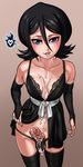  black_hair black_legwear bleach blue_eyes breasts breasts_apart bridal_gauntlets commentary cum cum_on_body cum_on_breasts cum_on_upper_body cumdrip erection foreskin from_above futanari hair_between_eyes hard-degenerate heart highres kuchiki_rukia lingerie lips looking_at_viewer looking_up navel panties parted_lips penis pursed_lips small_breasts solo spoken_heart sweat sweatdrop testicles underwear 