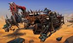  amethystlongcat armor car desert digital_media_(artwork) living_machine looking_at_viewer machine male not-furry outside post-apocalyptic robot sand skull sky teeth vehicle 