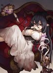  bandaged_arm bandages black_gloves black_hair blood bloody_clothes breasts cleavage danua doll draph dress fingerless_gloves gloves granblue_fantasy highres horn_ornament horns large_breasts long_hair looking_at_viewer lying on_back pointy_ears red_eyes sleeveless solo very_long_hair white_dress yuu_(higashi_no_penguin) 