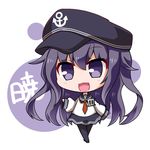  akatsuki_(kantai_collection) character_name chibi commentary full_body hat kantai_collection long_hair noai_nioshi open_mouth pantyhose pleated_skirt purple_eyes purple_hair school_uniform serafuku skirt smile solo 