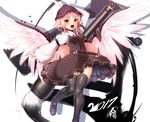  ayagi_daifuku black_legwear blush breasts brown_dress calligraphy_brush commentary_request dress fang juliet_sleeves loafers long_sleeves mystia_lorelei open_mouth paintbrush pink_eyes pink_hair puffy_sleeves shoes small_breasts solo thigh_gap thighhighs touhou wide_sleeves wings zettai_ryouiki 