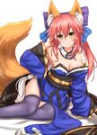  animal_ears blue_legwear blush bow breasts cleavage collarbone detached_sleeves fang fate/extra fate/grand_order fate_(series) fox_ears fox_tail hair_bow hair_ribbon hand_in_hair highres horokusa_(korai) japanese_clothes large_breasts light_smile long_hair looking_at_viewer pink_hair ribbon simple_background sitting solo tail tamamo_(fate)_(all) tamamo_no_mae_(fate) white_background yellow_eyes 