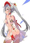  ahoge ass bow braid breasts chinese_zodiac cowboy_shot from_behind gloves grey_hair hair_between_eyes headdress long_hair looking_at_viewer medium_breasts original profile purple_eyes red_bow red_gloves sideways_mouth solo tajima_ryuushi very_long_hair wedgie white_background white_wings wings year_of_the_rooster 