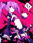  1girl aisha_(elsword) angkor_(elsword) ass_visible_through_thighs bandeau bangs bat boots bow closed_mouth cowboy_shot creature elsword flat_chest frilled_sleeves frills garter_straps hair_bow highres holding holding_staff hwansang juliet_sleeves long_sleeves midriff miniskirt navel pinky_out puffy_sleeves purple_eyes purple_footwear purple_hair purple_skirt purple_sleeves short_hair skirt smile staff sweatdrop thigh_boots thighhighs turtleneck twintails void_princess_(elsword) wand zipper 